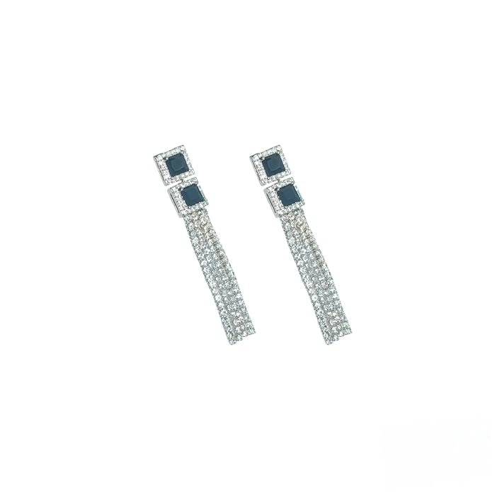 Drop Earrings With Square Gemstones, Silver-Toned Crystal Dangle Design, American Diamond Jewellery For Girls & Women's