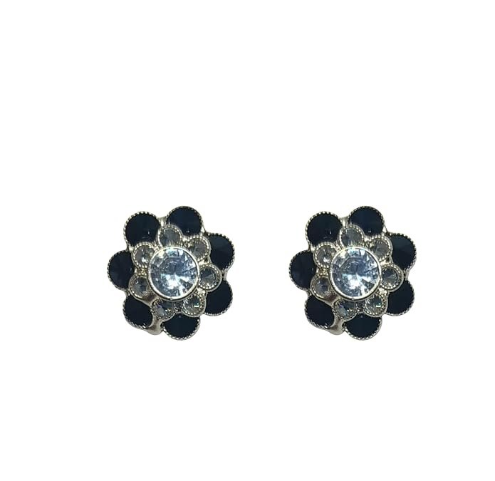 Floral Crystal Stud Earrings,Enamel Petals,Silver Centre Stone, American Diamond Jewellery For Girls & Women's