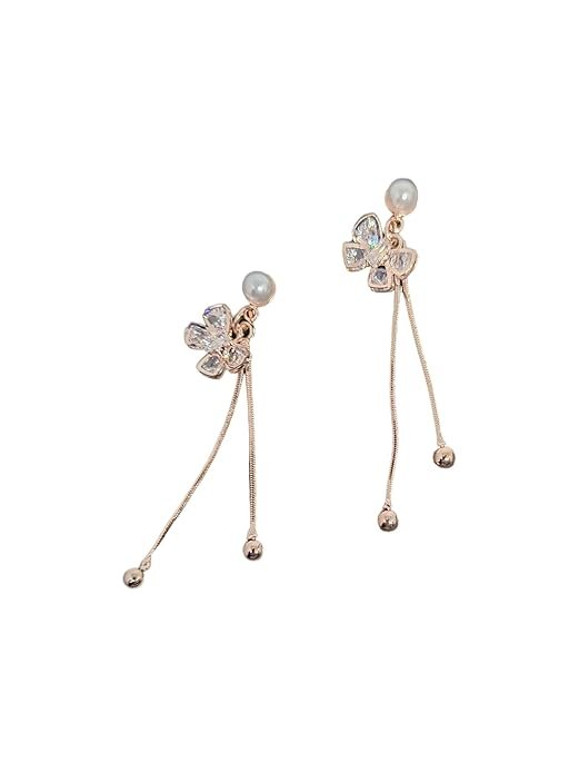 American Diamond Earrings Pearl and Crystal Flower Drop Earrings, Rose Gold, Dangle Chain Design, Fashion Jewellery For Girls & Women's