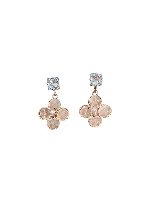 American Diamond Earrings Crystal Flower Drop Earrings, Rose Gold, Square Crystal and Pearl Accent, Fashion Jewellery For Girls & Women's