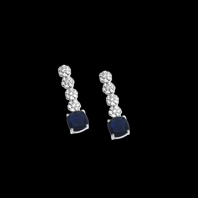 Crystal Necklace and Earrings Set, Navy Blue and Silver, Floral Design With Rhinestones, American Diamond Jewellery For Girls
