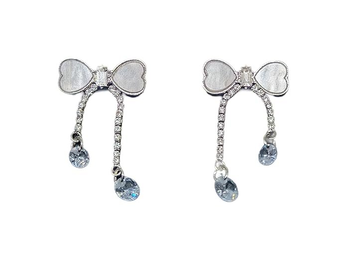 American Diamond Earrings,Heart Bow Drop Earrings with Crystal Dangles, Pearl White and Silver, Girls Fashion Jewellery