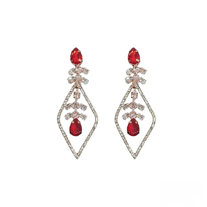 Crystal Drop Dangle Earrings, Geometric Diamond Shape With Clear Stones, Stylish Long Earrings For Girls, American Diamond Jewellery For Women's & Girls - Image 31