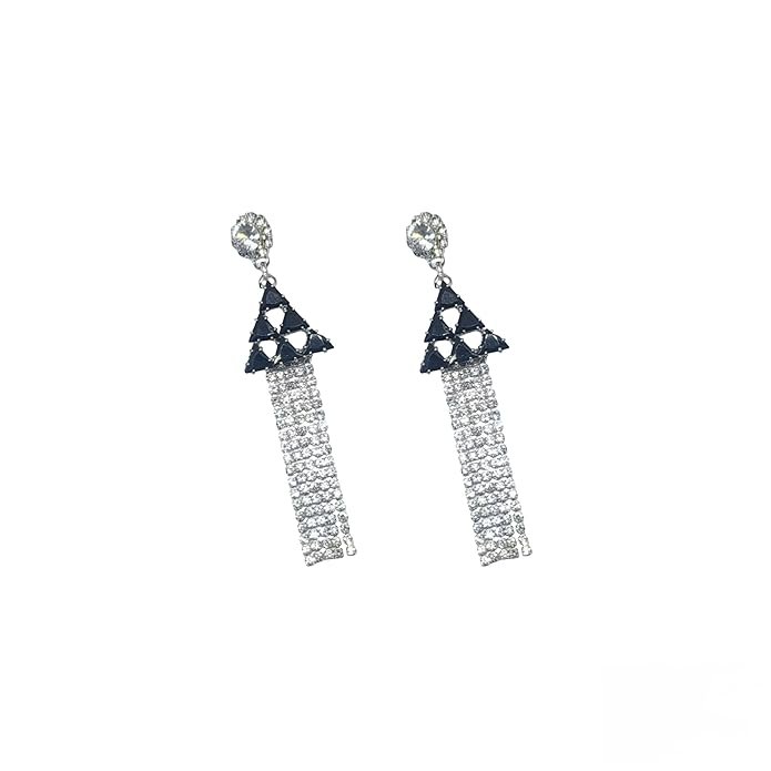 Crystal Drop Dangle Earrings, Triangle Design with Rhinestone Tassel, Silver, American Diamond Jewellery For Girls