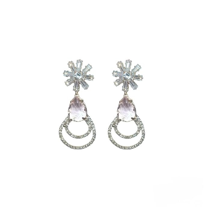Crystal Flower Drop Earrings With Stone And Double Rings, American Diamond Jewellery, Trendy Earrings For Girls & Women's (Pink Matte)