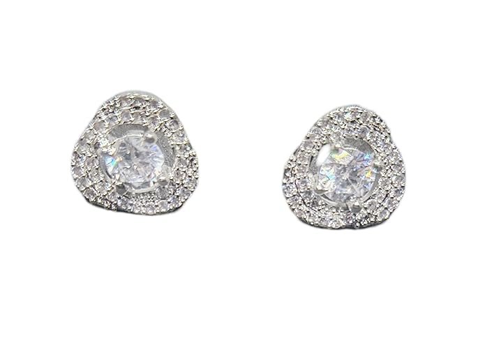 American Diamond Earrings Crystal Stud Earrings, Double Halo Design, Silver-Tone, Cubic Zirconia, Fashion Jewellery For Girls & Women's
