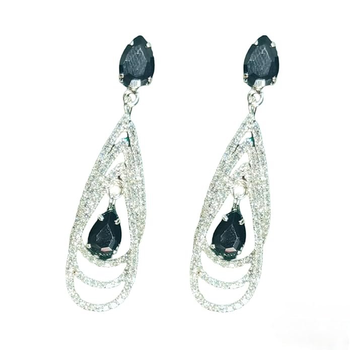American Diamond Earrings Crystal Drop Earrings with Stones, Teardrop Design, Silver-Toned,Fashion Jewellery For Girls & Women's (Black)
