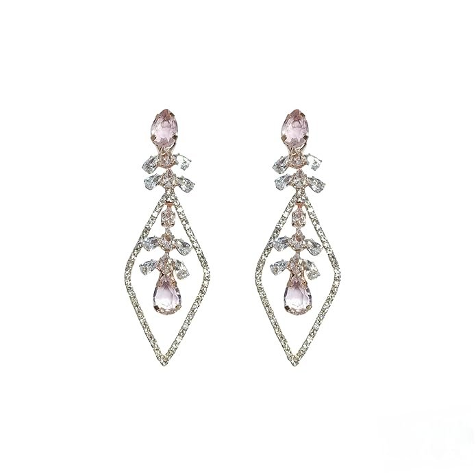 Crystal Drop Dangle Earrings, Geometric Diamond Shape With Clear Stones, Stylish Long Earrings For Girls, American Diamond Jewellery For Women's & Girls - Image 24