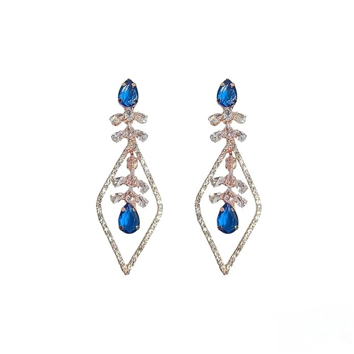 Crystal Drop Dangle Earrings, Geometric Diamond Shape With Clear Stones, Stylish Long Earrings For Girls, American Diamond Jewellery For Women's & Girls - Image 11