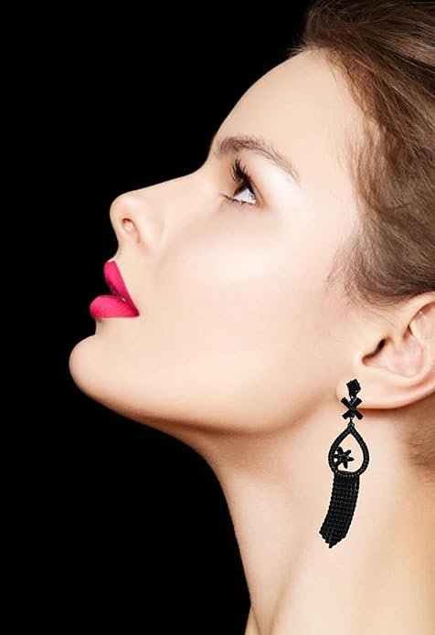 American Diamond Earrings Black Crystal Teardrop Dangle Earrings, Floral Design, Long Tassel Drop, Fashion Jewellery For Girls & Women's - Image 3