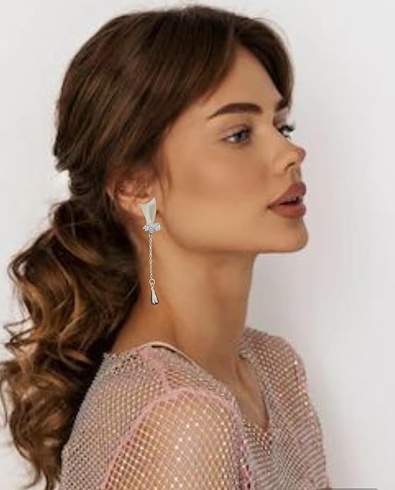 American Diamond Earrings Crystal Drop Dangle Earrings, Silver Chain, Modern Design, Fashion Jewellery For Girls & Women's - Image 3