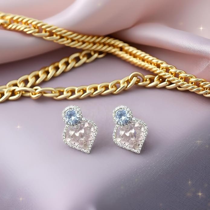 Crystal Stud Earrings With Stones, Silver-Plated, Fashion Jewellery for Women, American Diamond Jewellery For Girls