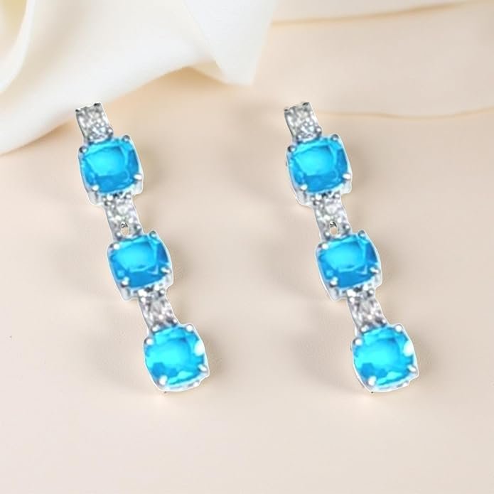 Crystal Necklace and Earrings Set, Blue Gemstone with Silver Chain, Fashion Jewellery for Women, American Diamond Jewellery For Girls