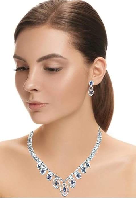 Crystal Necklace Set with Purple Stones, Western Style Pendant and Earrings, American Diamond Jewellery For Girls - Image 8