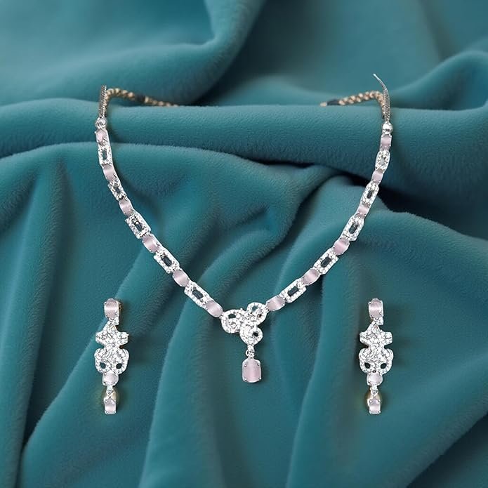 Crystal and Pink Stone Necklace Set with Earrings, American Diamond Jewellery Set for Women